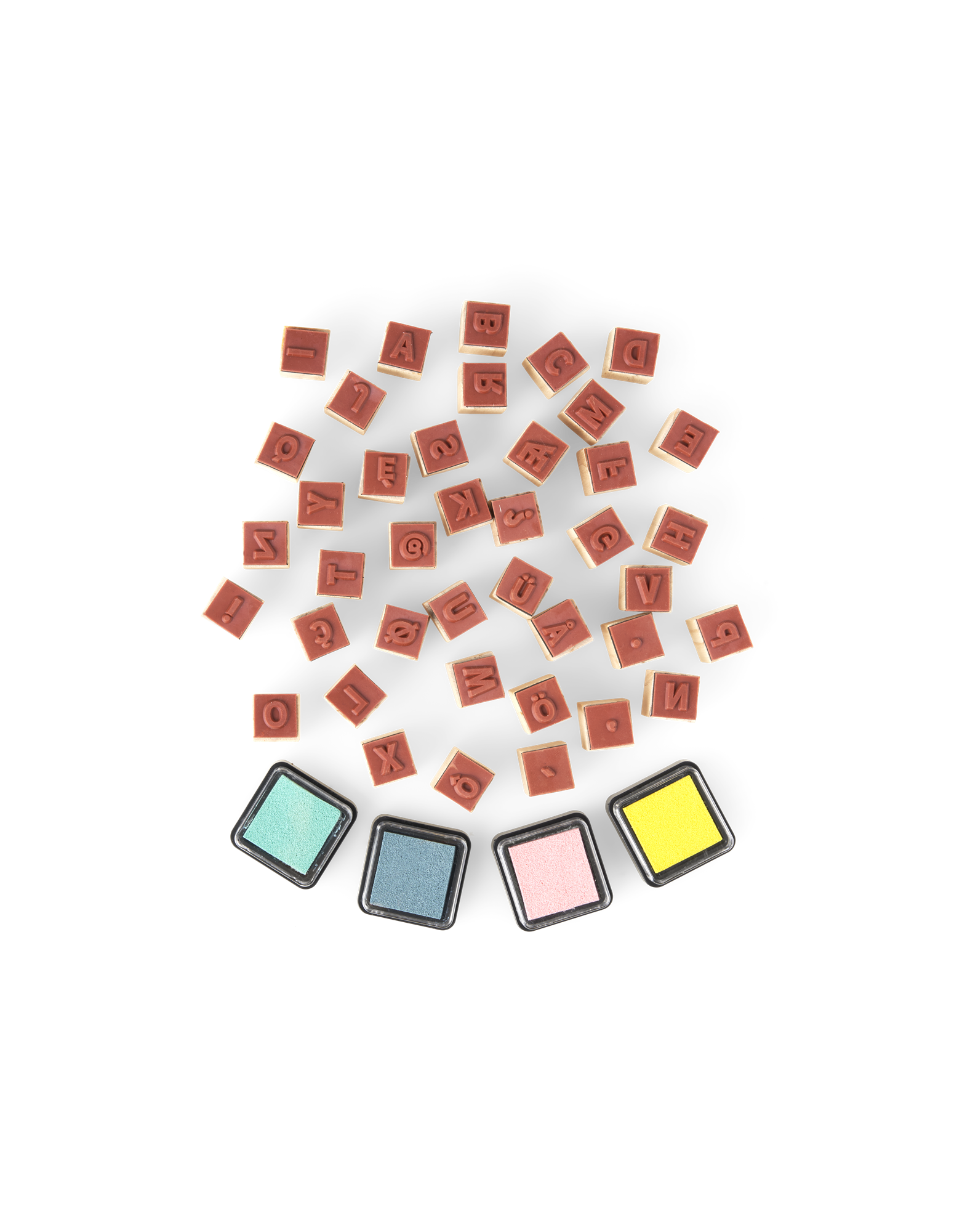 Alphabet stamp set Pinewood/rubber/polystyrene. 30 stamps/4 stamp