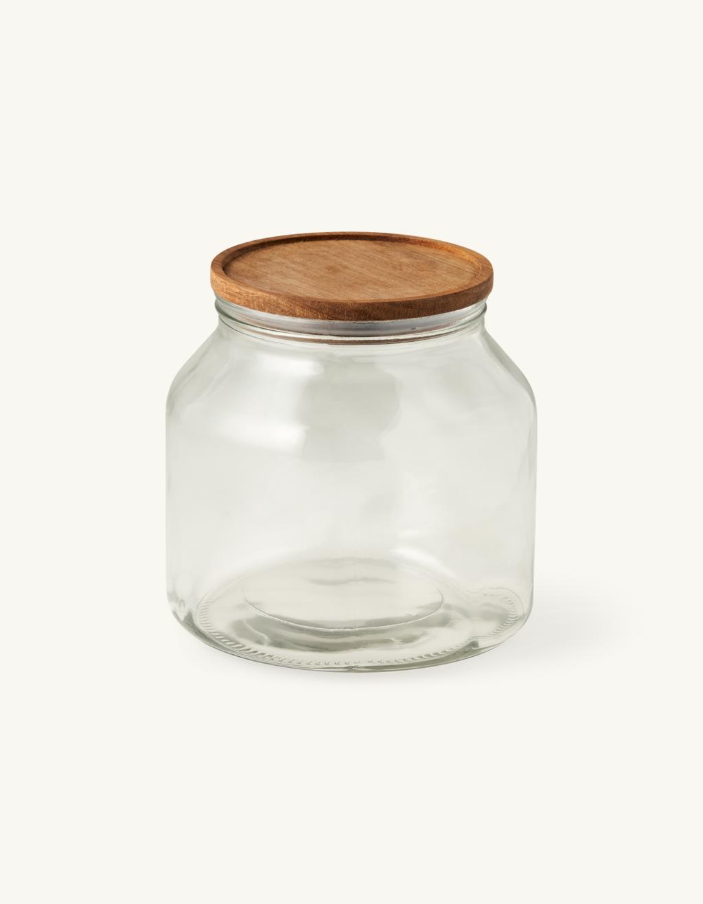 mat De daadwerkelijke Vegen Glazen pot met houten deksel | Glas/acaciahout. 16 x 17 cm. | Søstrene Grene
